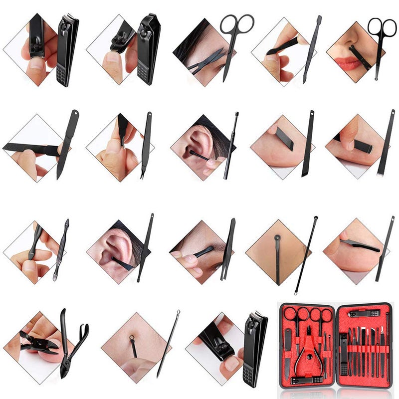 QLNE Manicure Pedicure Kit Nail Clippers Set 18 in 1 High Precision Stainless Steel Cutter File Sharp Scissors for Men & Women Fingernails & Toenails Vibrissac Scissors with Stylish Case (Red_18in1) - Image 5